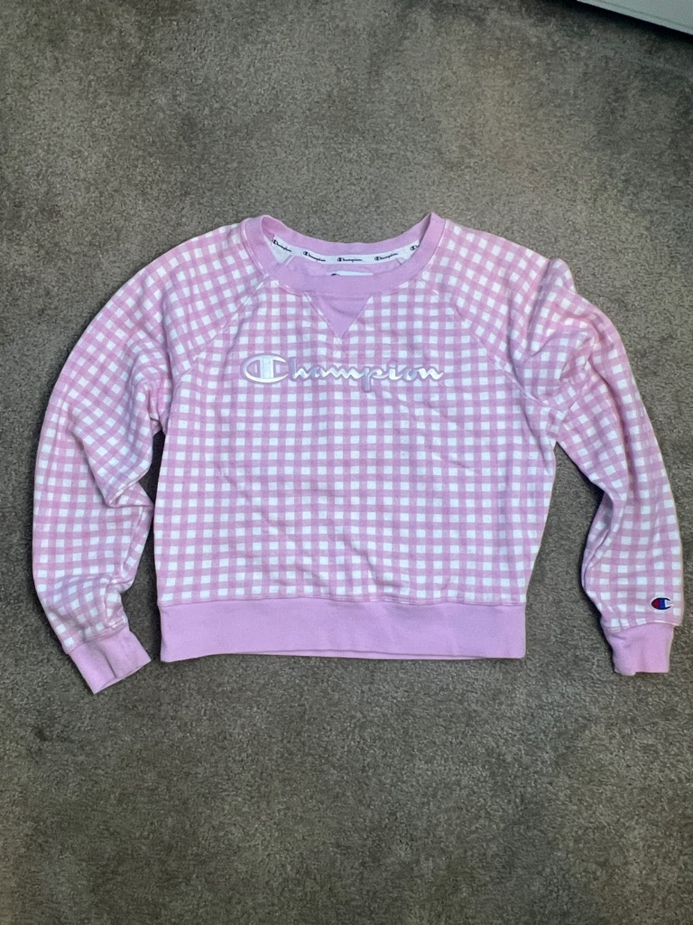 Champion Cropped Pink Gingham Logo Sweatshirt Size Medium